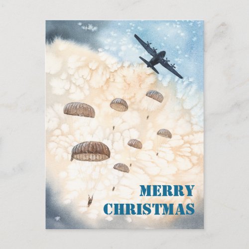 Airborne Paratroopers Jump Christmas Holiday Postcard