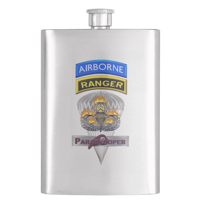 Airborne Ranger Master Flaming Parachutist Wings Flask (Front)