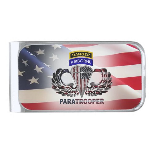 Airborne Ranger Paratrooper American Flag Silver Finish Money Clip