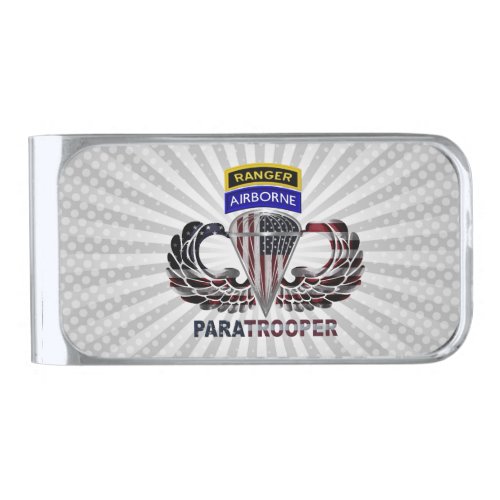 Airborne Ranger Paratrooper American Flag Silver Finish Money Clip