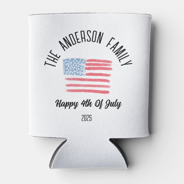 Airbrush American Flag Personalized Family Name Can Cooler (Front)