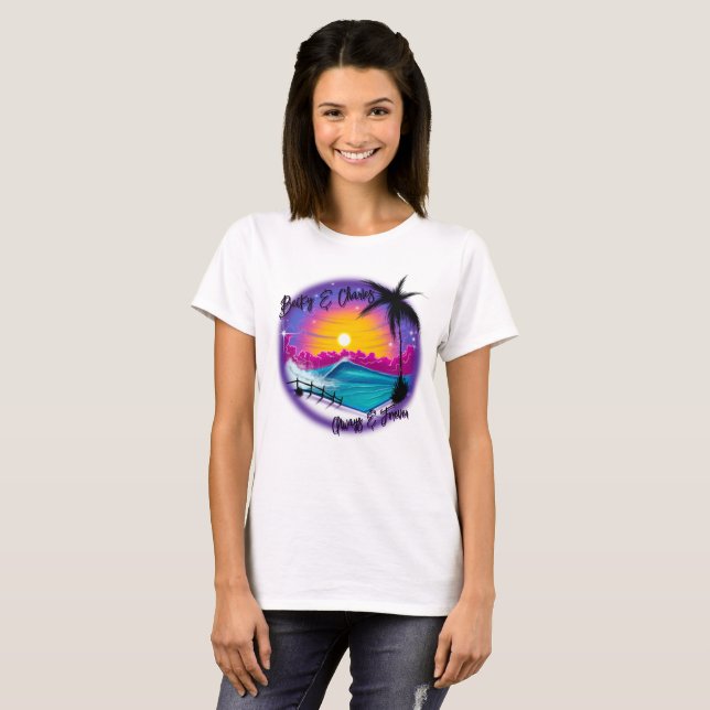 Airbrush personalized beach scene wave T-Shirt (Front Full)