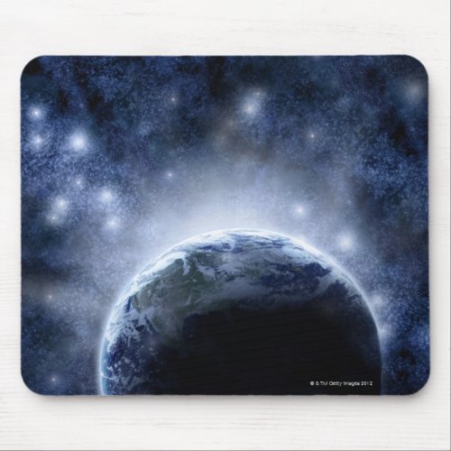 Airbrushed night sky full of stars around planet mouse pad