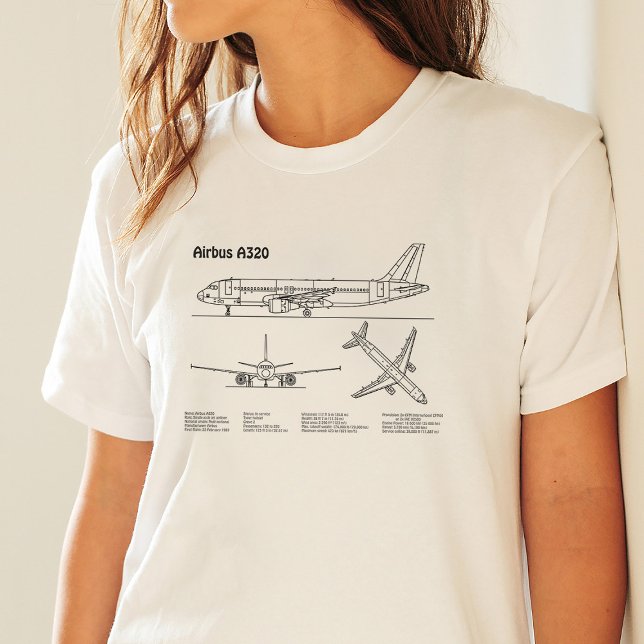 Airbus A320 - Airplane Blueprint Drawing Plans BD T-Shirt (Airbus A320 - Airplane Blueprint Drawing Plans BD. Women Basic White T-Shirt)