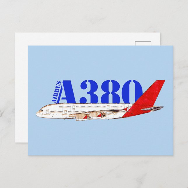 Airbus A380 Illustration with Bold Red Tail Design Postcard (Front/Back)