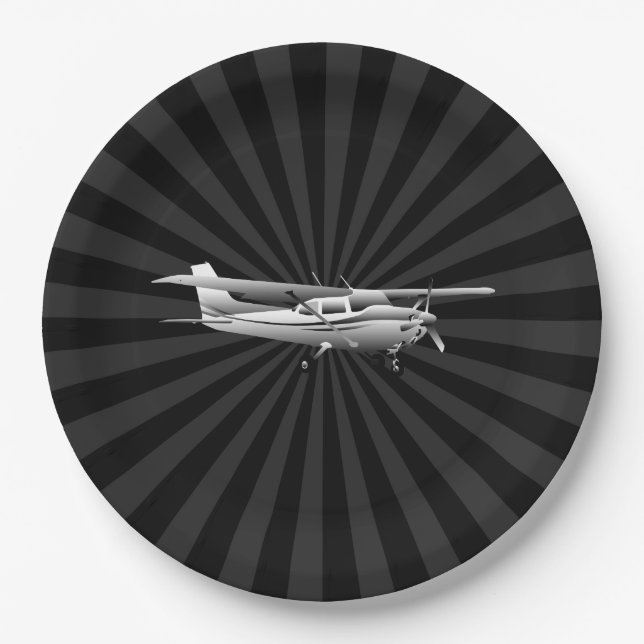Aircraft Cessna Silhouette Flying Black Sunburst Paper Plates (Front)