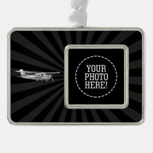 Aircraft Cessna Silhouette Flying Black Sunburst Silver Plated Framed Ornament