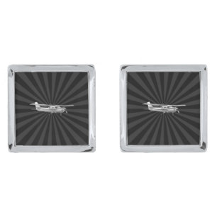 Aircraft Cessna Silhouette Flying Sunburst Decor Silver Cufflinks