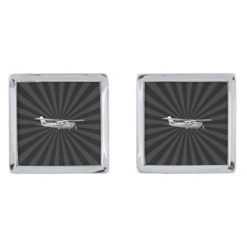 Aircraft Cessna Silhouette Flying Sunburst Decor Silver Cufflinks