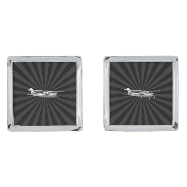 Aircraft Cessna Silhouette Flying Sunburst Decor Silver Cufflinks (Front)