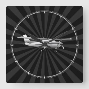 Aircraft Cessna Silhouette Flying Sunburst Decor Square Wall Clock