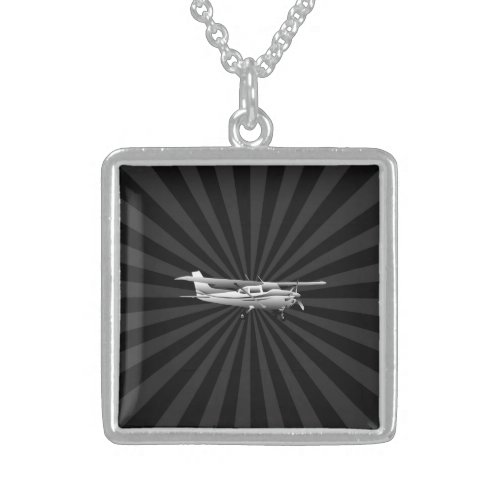 Aircraft Cessna Silhouette Flying Sunburst Decor Sterling Silver Necklace