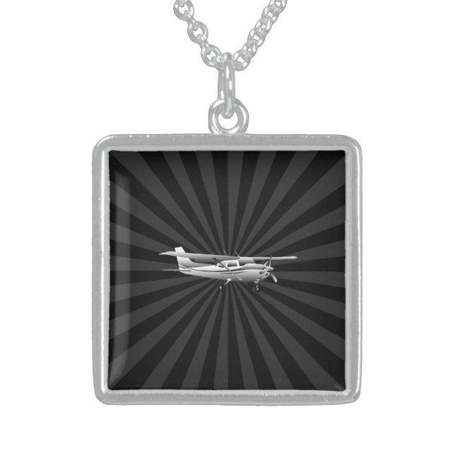 Aircraft Cessna Silhouette Flying Sunburst Decor Sterling Silver Necklace (Front)