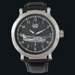 Aircraft Cessna Silhouette Sunburst Monogram Watch<br><div class="desc">A personalized Aircraft Cessna Silhouette Flying on a graphic sunburst decor for any aviation enthusiast, easily personalize this with your monogram. Here's a selection of custom Cessna style embroidered baseball caps for everyone. Use the "Ask this Designer" link to contact us with your special design requests or for some assistance...</div>