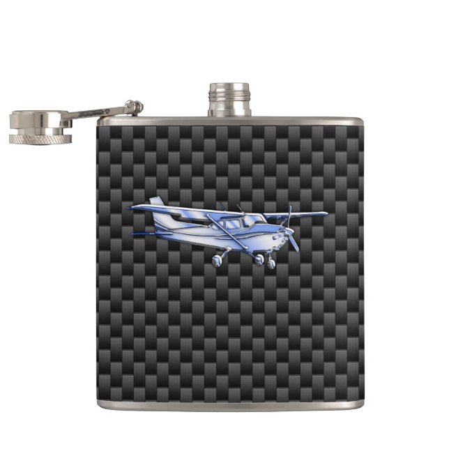 Aircraft Chrome Like Cessna Black Carbon Fiber Flask (Opened)