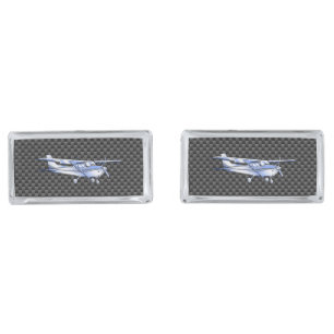 Aircraft Chrome Like Cessna Black Carbon Fiber Silver Cufflinks