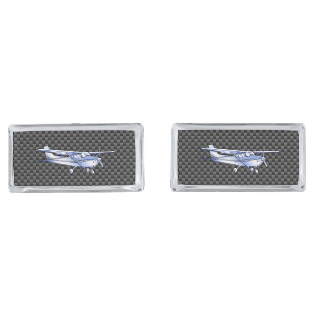 Aircraft Chrome Like Cessna Black Carbon Fiber Silver Cufflinks (Front)