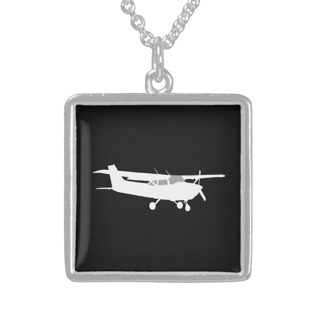Aircraft Classic Cessna Silhouette Flying on Black Sterling Silver Necklace (Front)