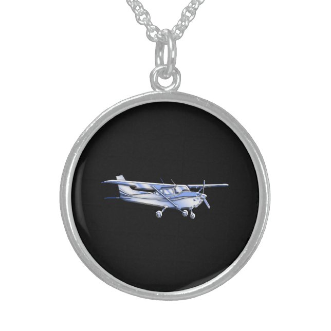 Aircraft Classic Cessna Silhouette Flying on Black Sterling Silver Necklace (Front)