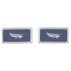Aircraft Classic Chrome Cessna Flying Carbon Fiber Silver Cufflinks
