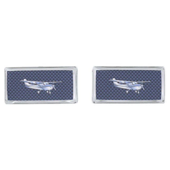 Aircraft Classic Chrome Cessna Flying Carbon Fiber Silver Cufflinks (Front)