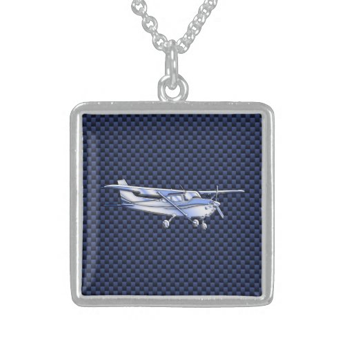 Aircraft Classic Chrome Cessna Flying Carbon Fiber Sterling Silver Necklace