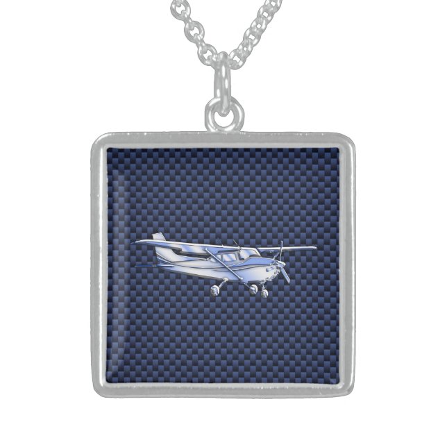 Aircraft Classic Chrome Cessna Flying Carbon Fiber Sterling Silver Necklace (Front)