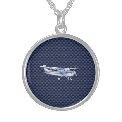 Aircraft Classic Chrome Cessna Flying Carbon Fiber Sterling Silver Necklace