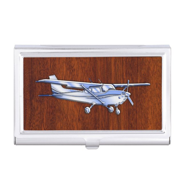 Aircraft Classic Chrome Cessna Flying Mahogany Business Card Case (Front)