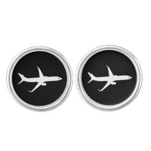 Aircraft Jet Liner Silhouette Flying Black Decor Cufflinks