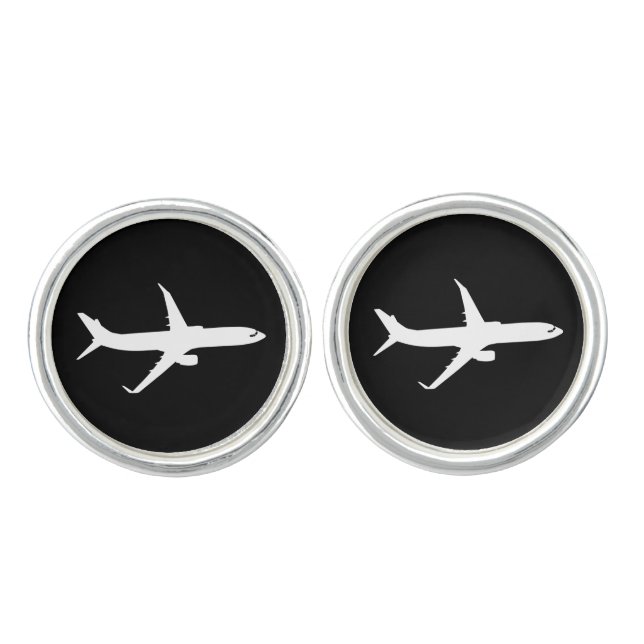 Aircraft Jet Liner Silhouette Flying Black Decor Cufflinks (Front)