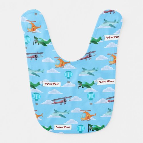 Aircraft Parade on Blue Sky Baby Boy Bib