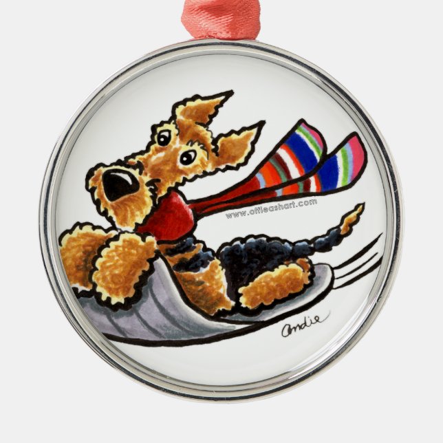 Aire-Sledding Airedale Terrier Metal Ornament (Front)