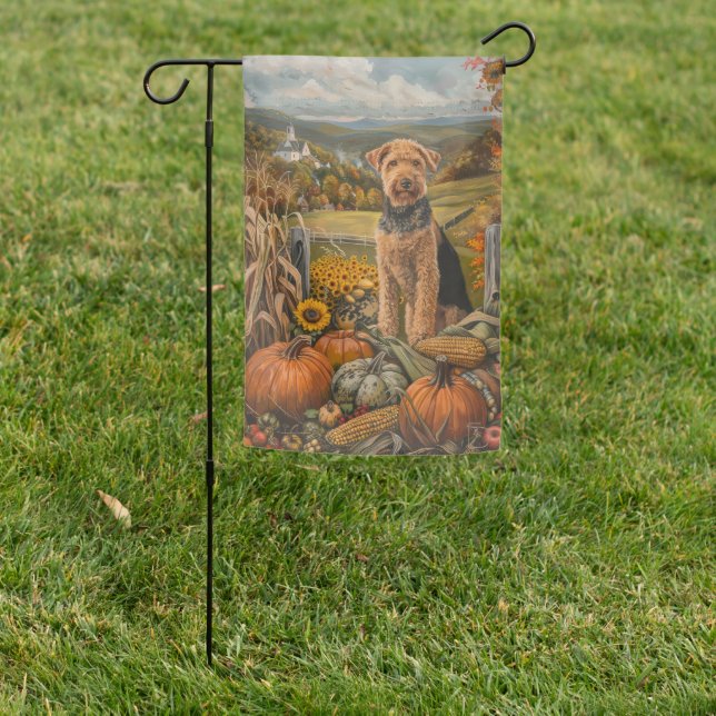 Airedale Autumn Harvest Thanksgiving Dog  Garden Flag (In SItu)