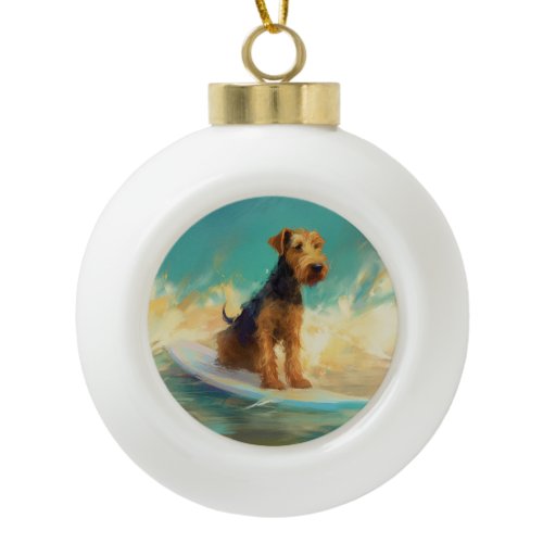 Airedale Beach Surfing Painting  Ceramic Ball Christmas Ornament