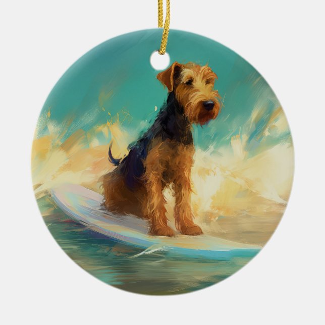 Airedale Beach Surfing Painting  Ceramic Ornament (Front)
