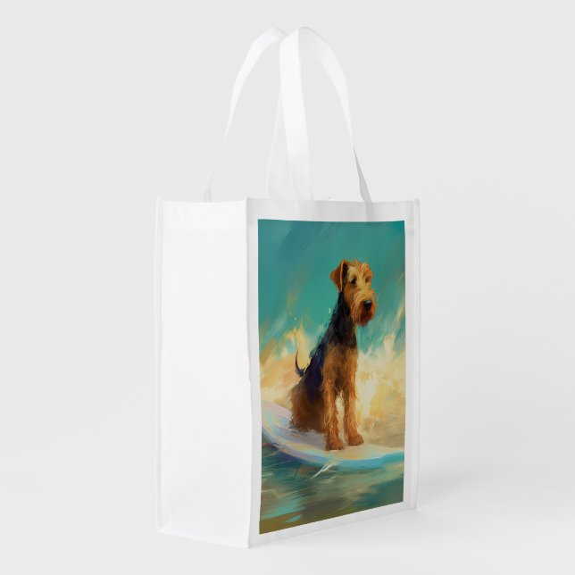 Airedale Beach Surfing Painting  Grocery Bag (Back Side)