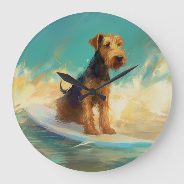 Airedale Beach Surfing Painting  Large Clock (Front)