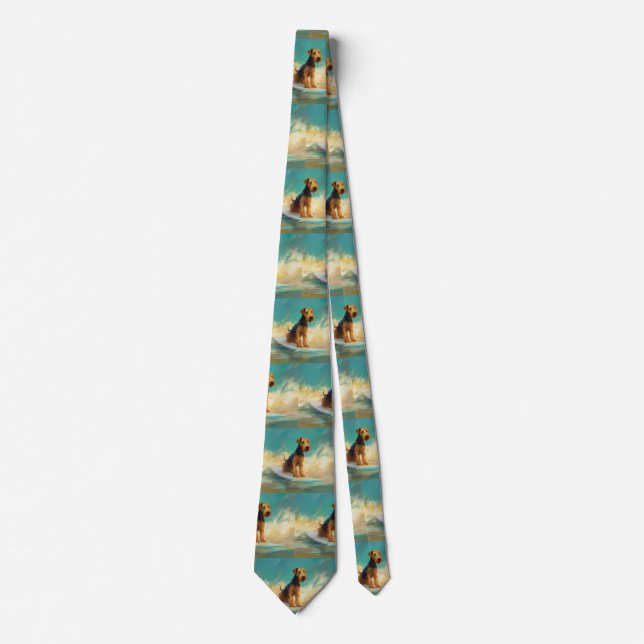 Airedale Beach Surfing Painting  Neck Tie (Front)