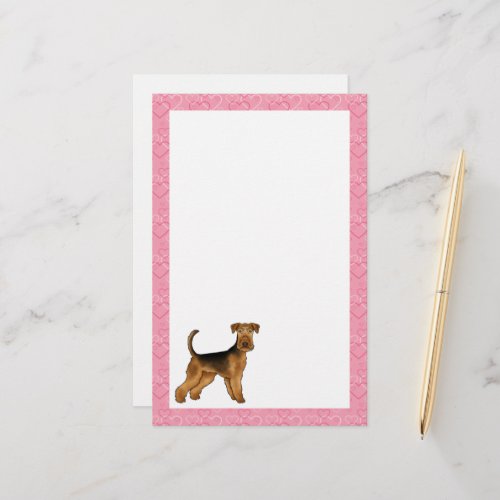 Airedale Bingley Terrier Dog With Pink Hearts Stationery