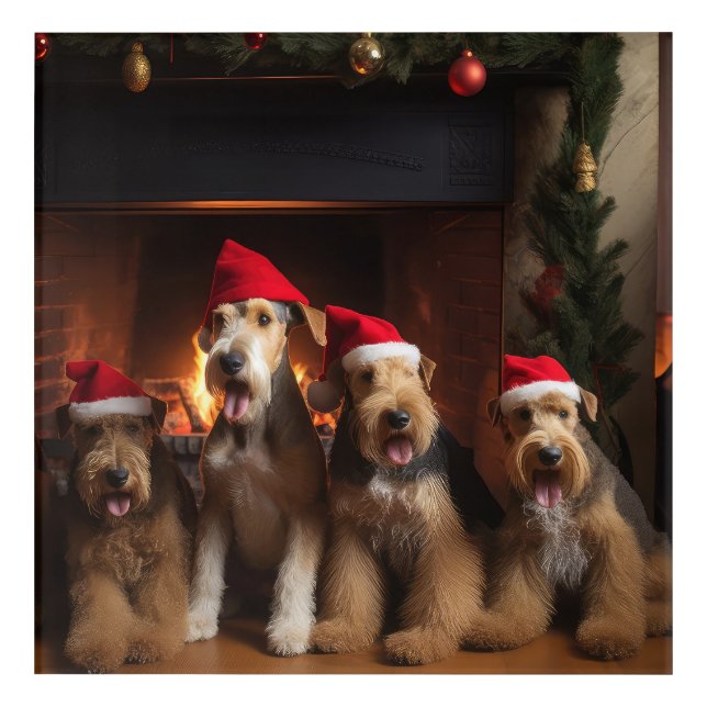 Airedale by the Fireplace Christmas  Acrylic Print (Front)