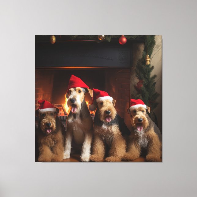 Airedale by the Fireplace Christmas  Canvas Print (Front)