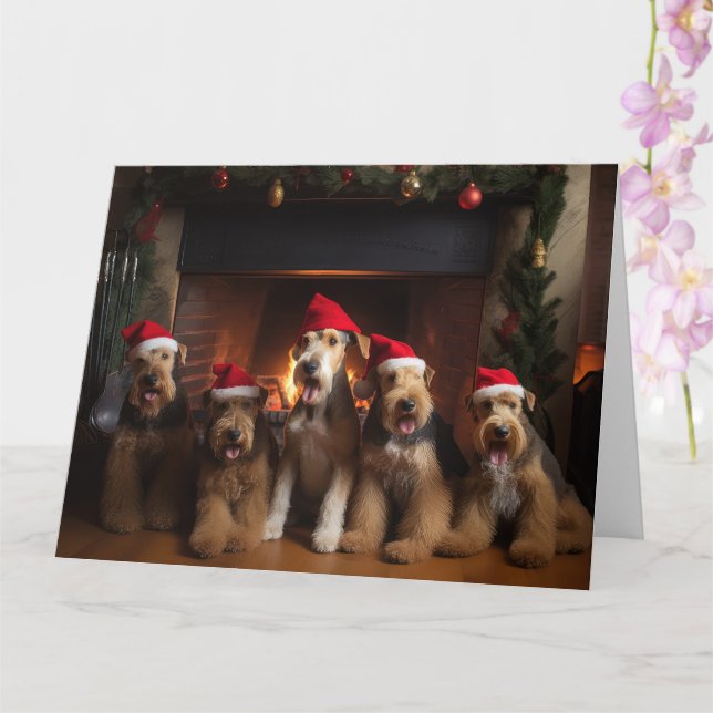 Airedale by the Fireplace Christmas  Card (Orchid)
