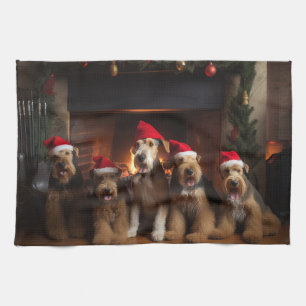 Airedale by the Fireplace Christmas Kitchen Towel