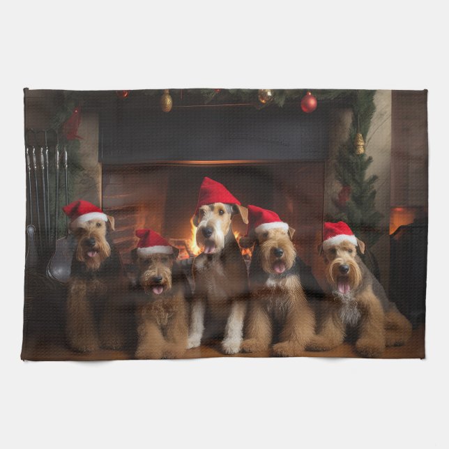Airedale by the Fireplace Christmas  Kitchen Towel (Horizontal)