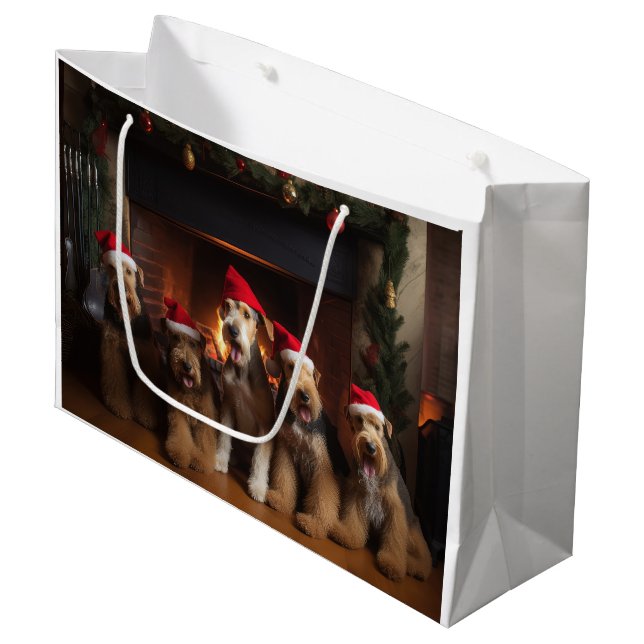 Airedale by the Fireplace Christmas  Large Gift Bag (Front Angled)