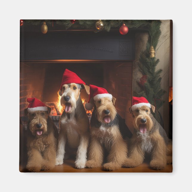 Airedale by the Fireplace Christmas  Magnet (Front)