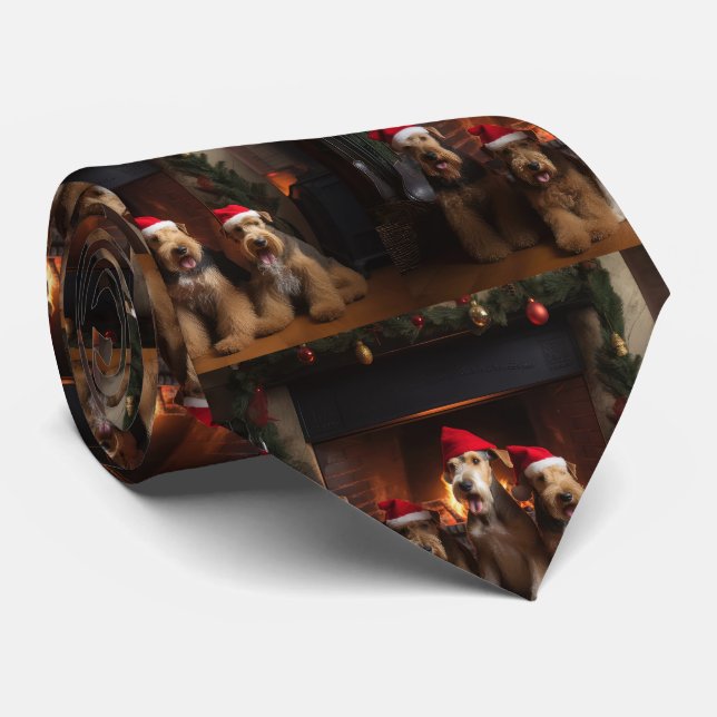 Airedale by the Fireplace Christmas  Neck Tie (Rolled)