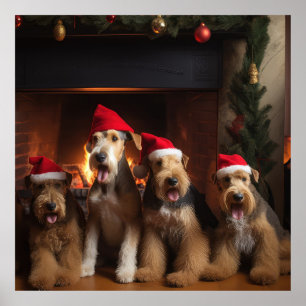 Airedale by the Fireplace Christmas Poster