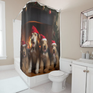 Airedale by the Fireplace Christmas Shower Curtain